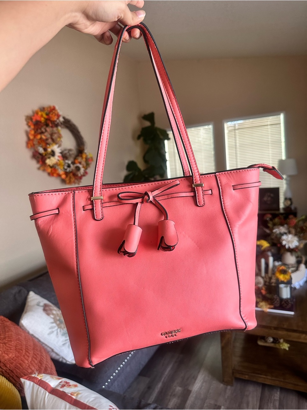 Guess Pink Coral Shoulder Medium Tote with Tassel Accents